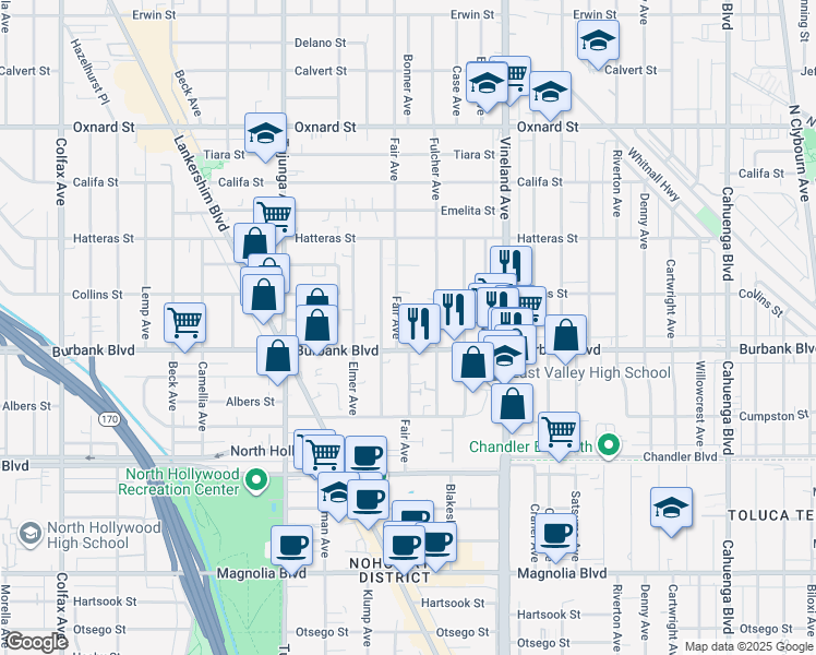 map of restaurants, bars, coffee shops, grocery stores, and more near 5624 Fair Avenue in Los Angeles