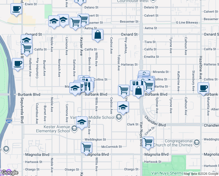 map of restaurants, bars, coffee shops, grocery stores, and more near 5623 Cedros Avenue in Los Angeles