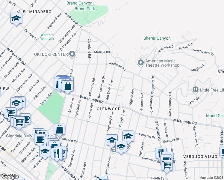 map of restaurants, bars, coffee shops, grocery stores, and more near 1544 Ard Eevin Avenue in Glendale