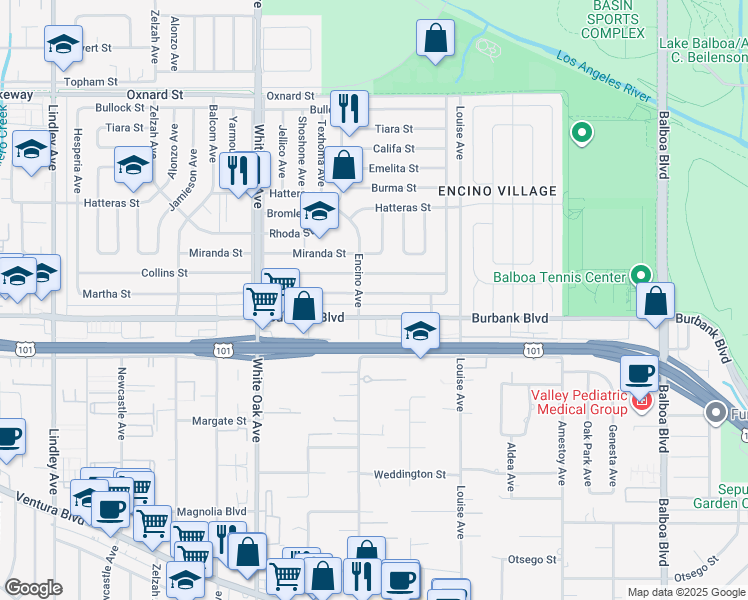 map of restaurants, bars, coffee shops, grocery stores, and more near 17442 Martha Street in Los Angeles