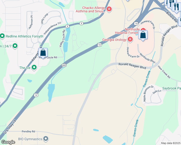 map of restaurants, bars, coffee shops, grocery stores, and more near 1600 Ronald Reagan Boulevard in Cumming