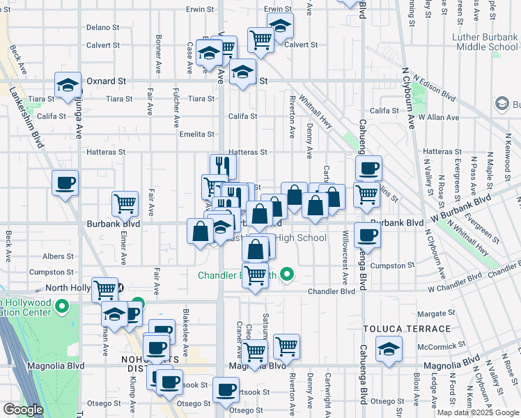 map of restaurants, bars, coffee shops, grocery stores, and more near 5624 Cleon Avenue in Los Angeles