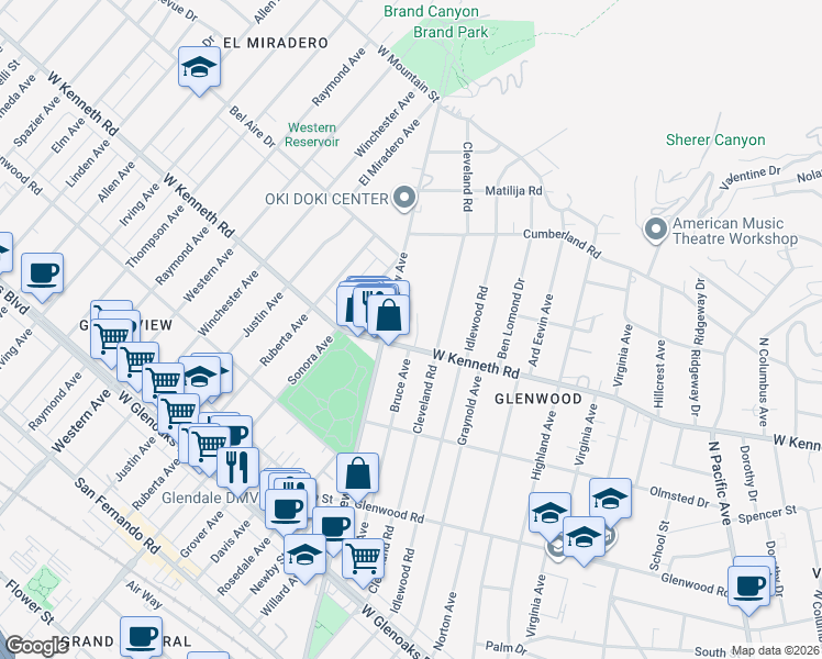 map of restaurants, bars, coffee shops, grocery stores, and more near 1515 Stone Lane in Glendale