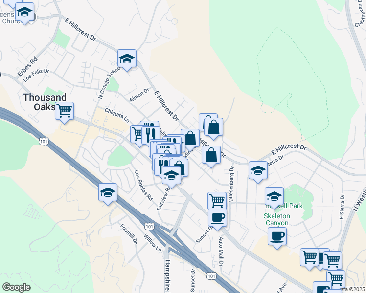 map of restaurants, bars, coffee shops, grocery stores, and more near 2841 Los Feliz Drive in Thousand Oaks