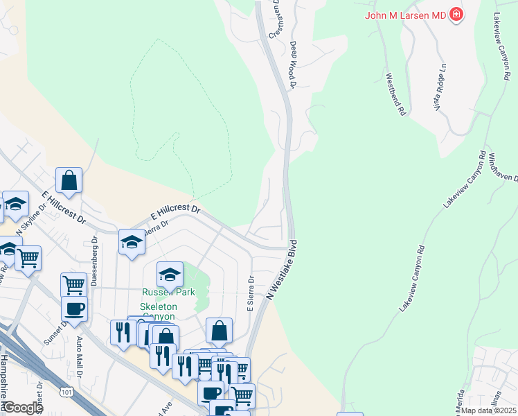 map of restaurants, bars, coffee shops, grocery stores, and more near 717 North Valley Drive in Westlake Village