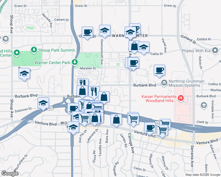 map of restaurants, bars, coffee shops, grocery stores, and more near 21620 Burbank Boulevard in Los Angeles