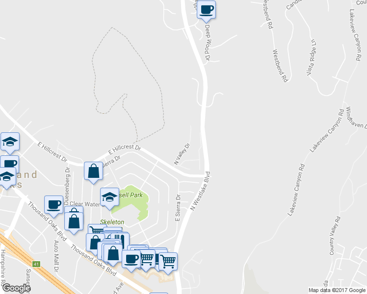 map of restaurants, bars, coffee shops, grocery stores, and more near 717 North Valley Drive in Westlake Village