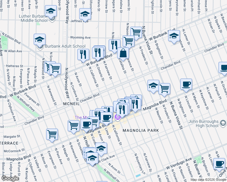 map of restaurants, bars, coffee shops, grocery stores, and more near 3106 West Chandler Boulevard in Burbank