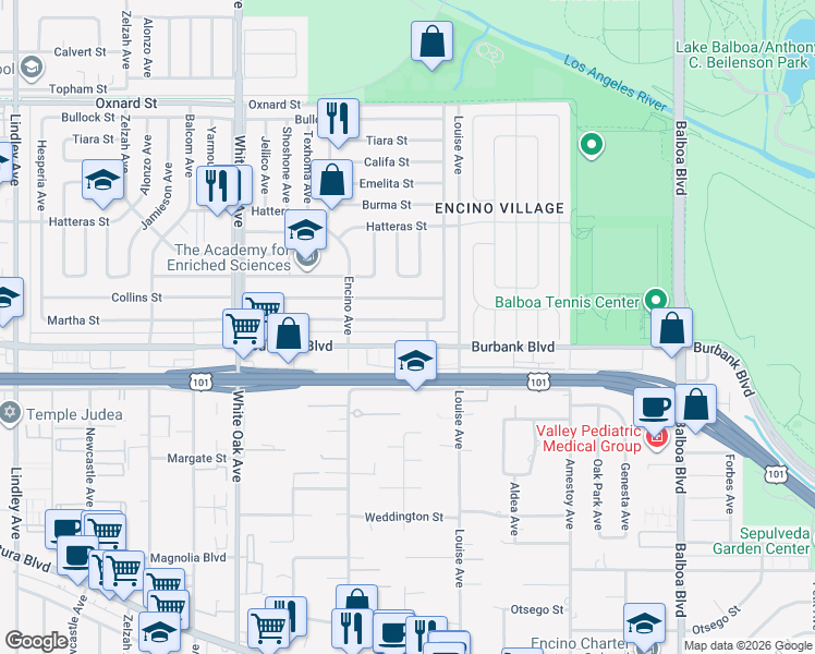 map of restaurants, bars, coffee shops, grocery stores, and more near 17400 Martha Street in Los Angeles