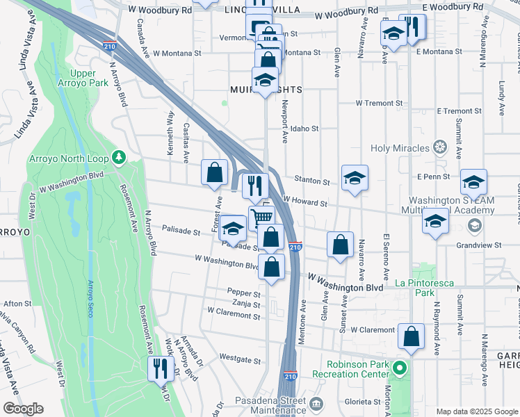 map of restaurants, bars, coffee shops, grocery stores, and more near 451 Del Monte Street in Pasadena