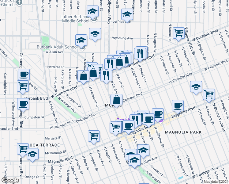 map of restaurants, bars, coffee shops, grocery stores, and more near 1233 North Cordova Street in Burbank