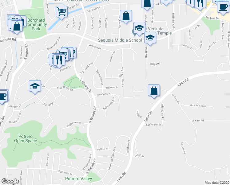 map of restaurants, bars, coffee shops, grocery stores, and more near 3061 Charlotte Street in Thousand Oaks