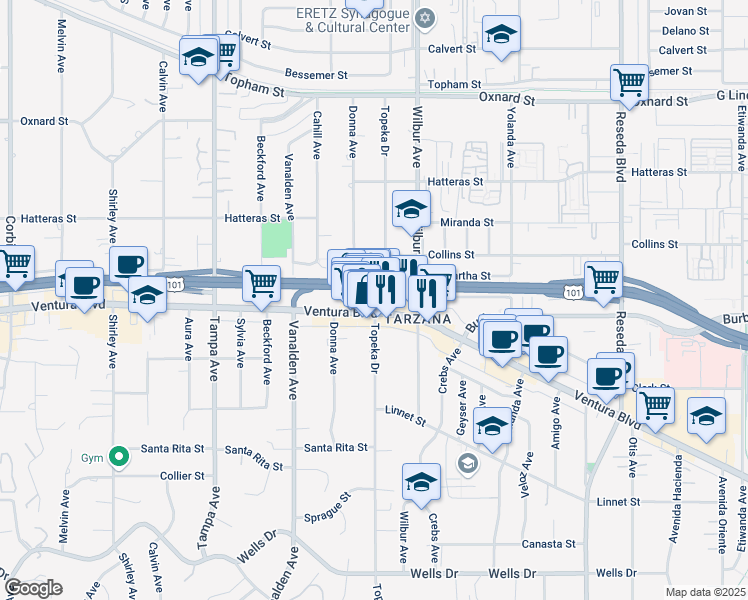map of restaurants, bars, coffee shops, grocery stores, and more near 18957 Ventura Freeway in Los Angeles
