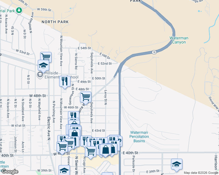 map of restaurants, bars, coffee shops, grocery stores, and more near 259 East 49th Street in San Bernardino