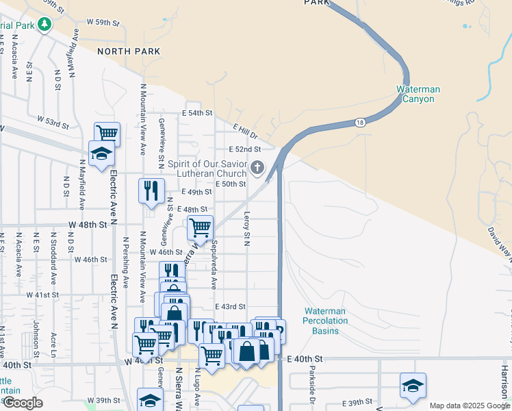 map of restaurants, bars, coffee shops, grocery stores, and more near 259 East 49th Street in San Bernardino
