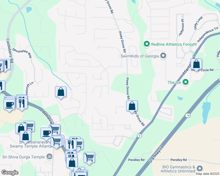 map of restaurants, bars, coffee shops, grocery stores, and more near 5825 Sterling Court in Cumming