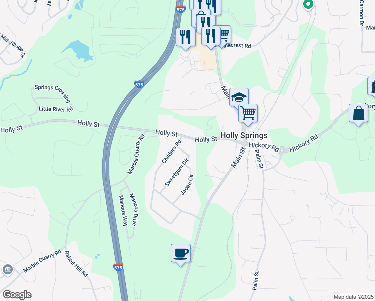 map of restaurants, bars, coffee shops, grocery stores, and more near 116 Sweetgum Circle in Canton