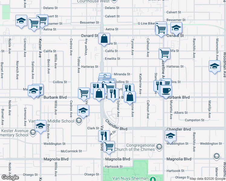map of restaurants, bars, coffee shops, grocery stores, and more near 14422 Martha Street in Los Angeles