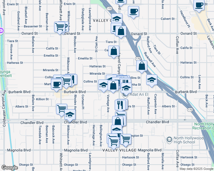 map of restaurants, bars, coffee shops, grocery stores, and more near 5622 Bellingham Avenue in Los Angeles