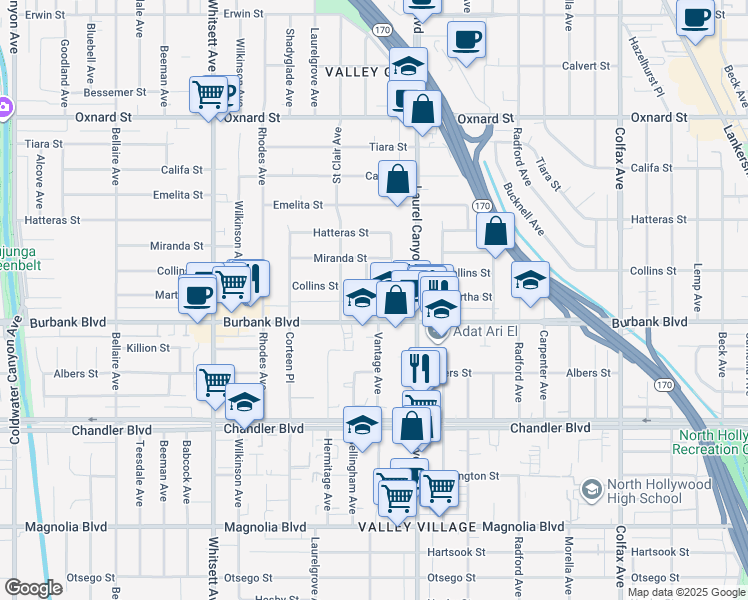 map of restaurants, bars, coffee shops, grocery stores, and more near 5622 Bellingham Avenue in Los Angeles