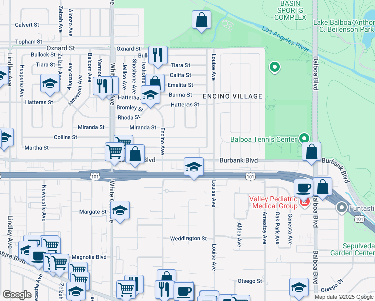 map of restaurants, bars, coffee shops, grocery stores, and more near 17400 Martha Street in Los Angeles