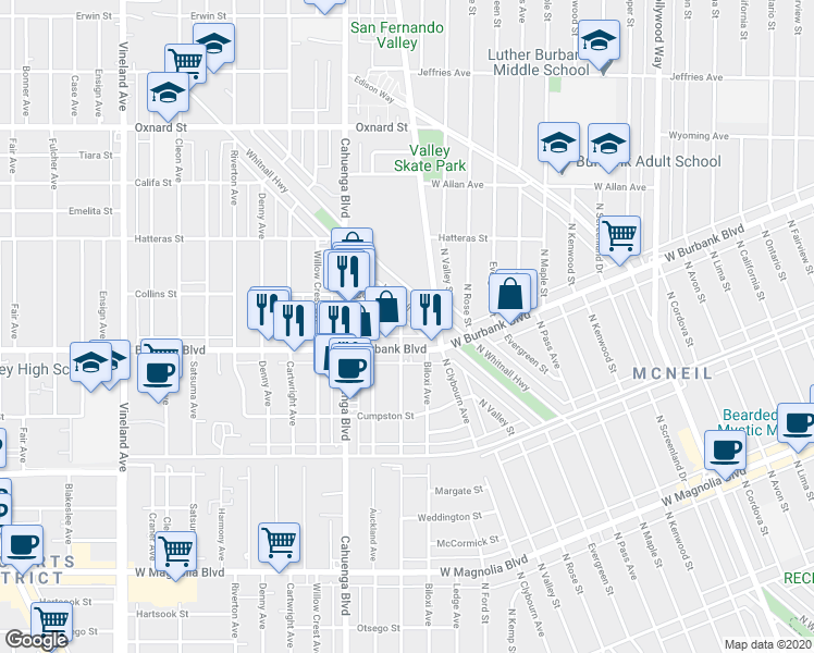 map of restaurants, bars, coffee shops, grocery stores, and more near 5622 Strohm Avenue in Los Angeles