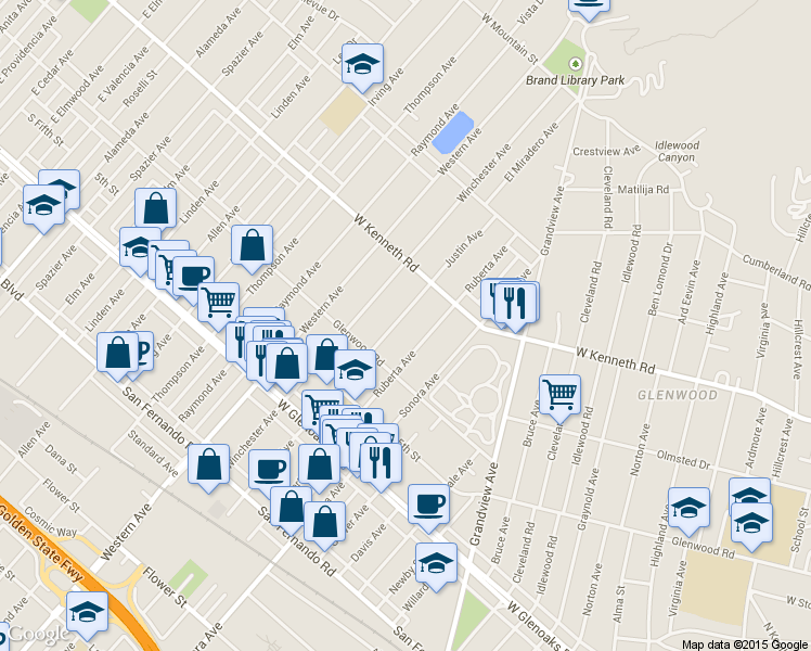 map of restaurants, bars, coffee shops, grocery stores, and more near 1240 Justin Avenue in Glendale