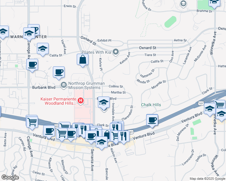 map of restaurants, bars, coffee shops, grocery stores, and more near 20749 Martha Street in Los Angeles
