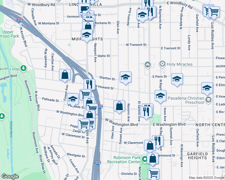 map of restaurants, bars, coffee shops, grocery stores, and more near 248 West Howard Street in Pasadena