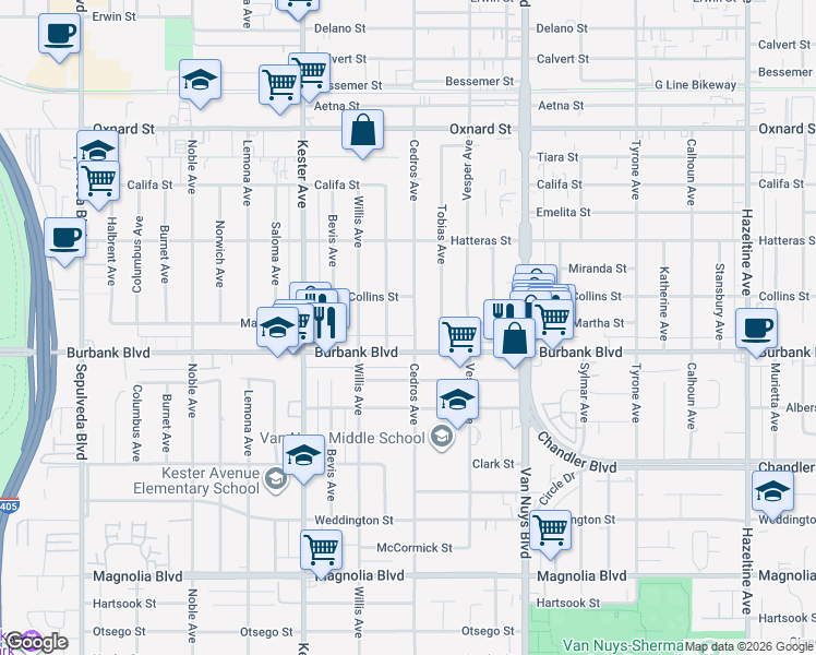 map of restaurants, bars, coffee shops, grocery stores, and more near 5623 Cedros Avenue in Los Angeles