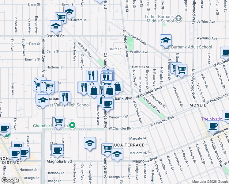 map of restaurants, bars, coffee shops, grocery stores, and more near 5628 Auckland Avenue in Los Angeles