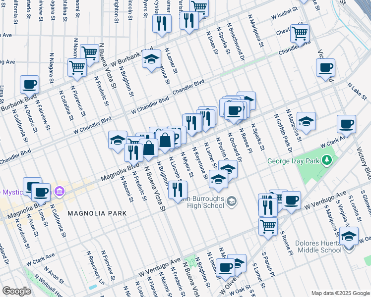 map of restaurants, bars, coffee shops, grocery stores, and more near 641 North Keystone Street in Burbank