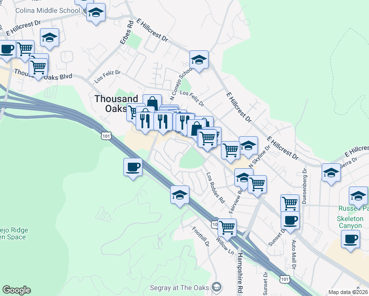 map of restaurants, bars, coffee shops, grocery stores, and more near 2474 Pleasant Way in Thousand Oaks