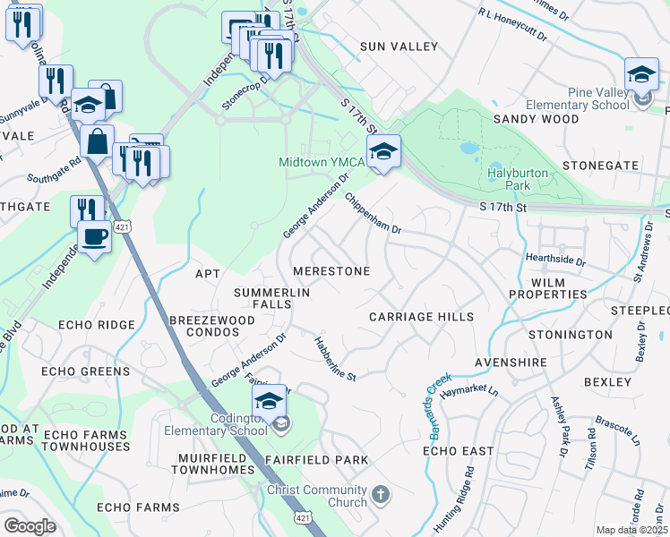 map of restaurants, bars, coffee shops, grocery stores, and more near 3718 Merestone Drive in Wilmington