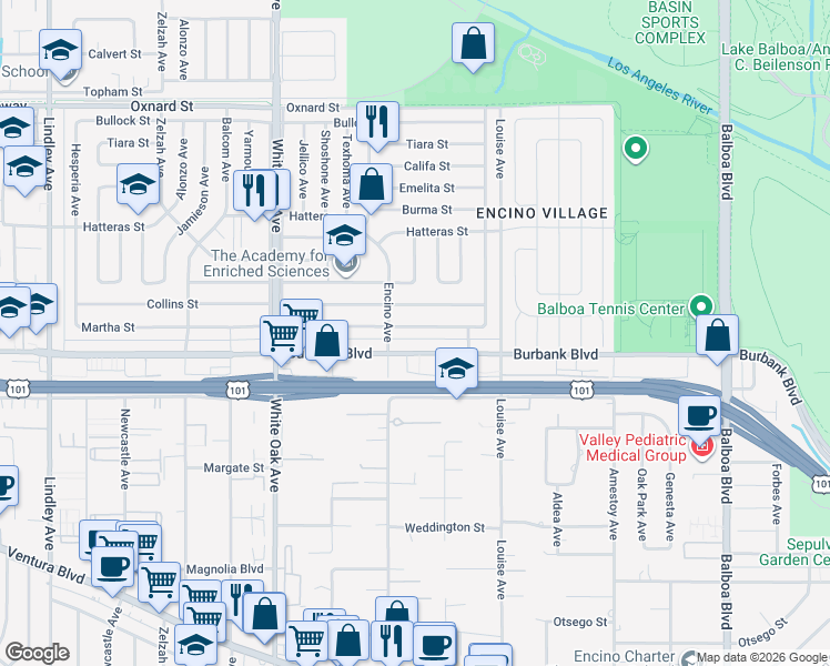 map of restaurants, bars, coffee shops, grocery stores, and more near 17430 Martha Street in Los Angeles