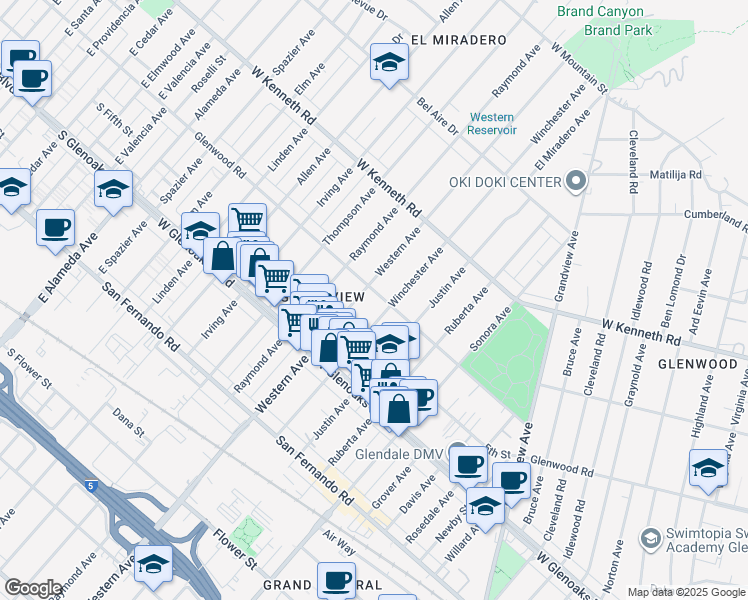 map of restaurants, bars, coffee shops, grocery stores, and more near 1640 Glenwood Road in Glendale