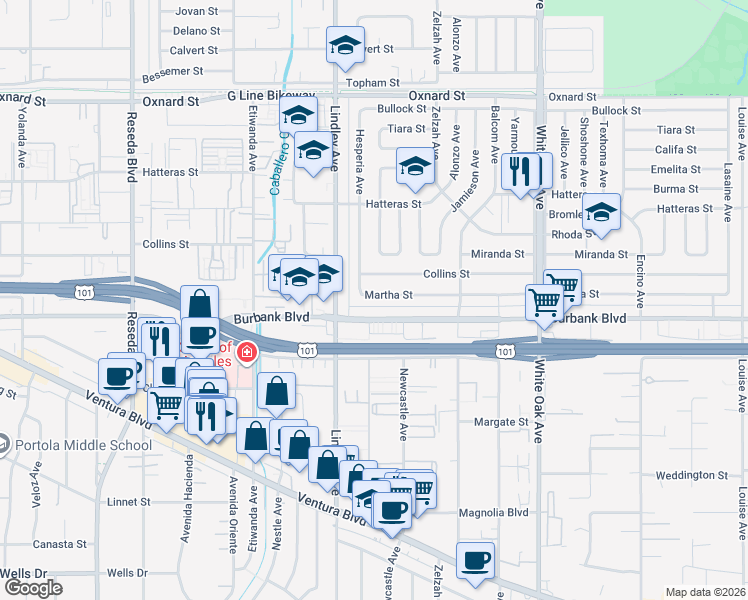 map of restaurants, bars, coffee shops, grocery stores, and more near 18034 Martha Street in Los Angeles