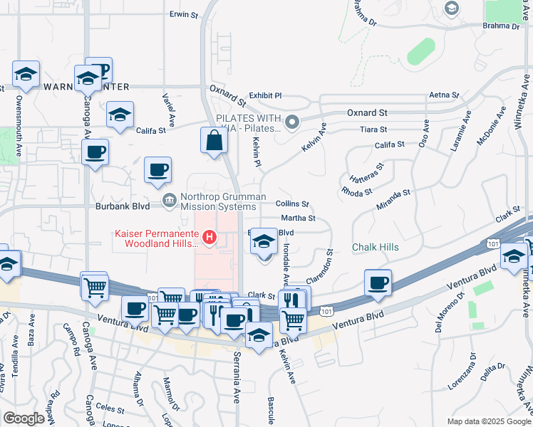 map of restaurants, bars, coffee shops, grocery stores, and more near 20833 Martha Street in Los Angeles