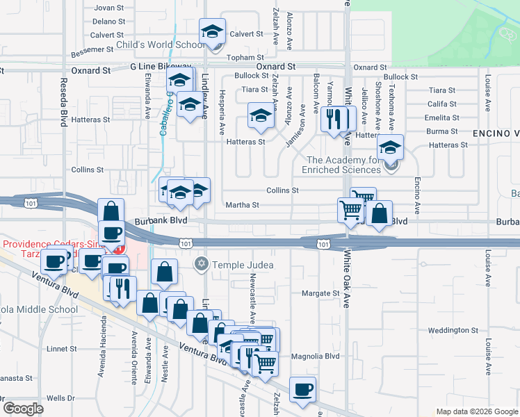 map of restaurants, bars, coffee shops, grocery stores, and more near 17958 Martha Street in Los Angeles