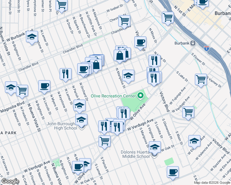 map of restaurants, bars, coffee shops, grocery stores, and more near 324 North Beachwood Drive in Burbank