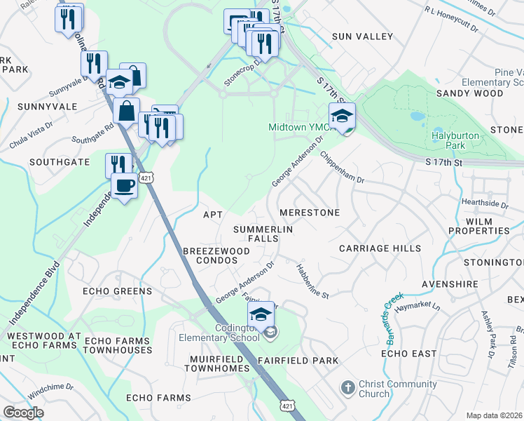 map of restaurants, bars, coffee shops, grocery stores, and more near 1012 Summerlin Falls Court in Wilmington