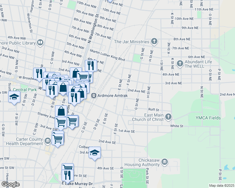 map of restaurants, bars, coffee shops, grocery stores, and more near 105 E Street Northeast in Ardmore