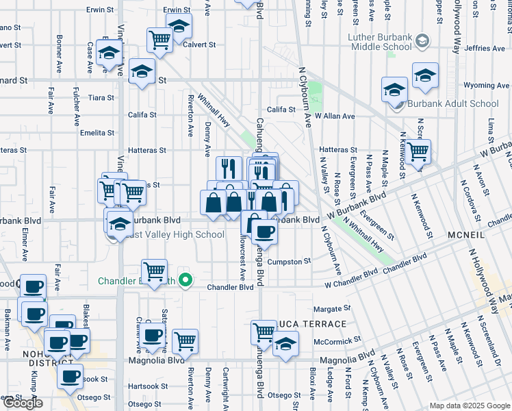 map of restaurants, bars, coffee shops, grocery stores, and more near 5629 Cahuenga Boulevard in Los Angeles