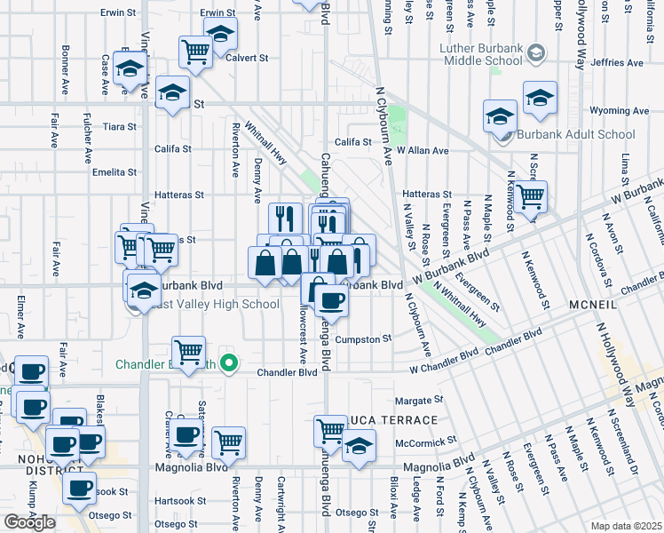 map of restaurants, bars, coffee shops, grocery stores, and more near 5629 Cahuenga Boulevard in Los Angeles