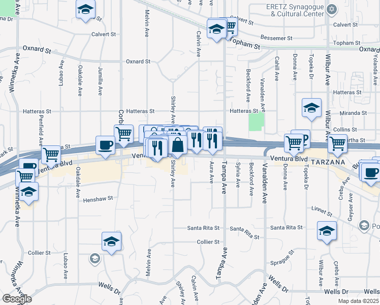 map of restaurants, bars, coffee shops, grocery stores, and more near 19439 Ventura Boulevard in Los Angeles