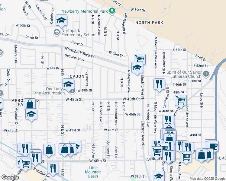 map of restaurants, bars, coffee shops, grocery stores, and more near 4906 North Stoddard Avenue in San Bernardino