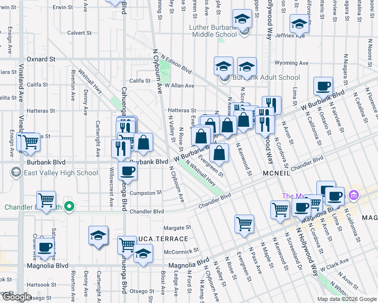 map of restaurants, bars, coffee shops, grocery stores, and more near 4207 West Burbank Boulevard in Burbank