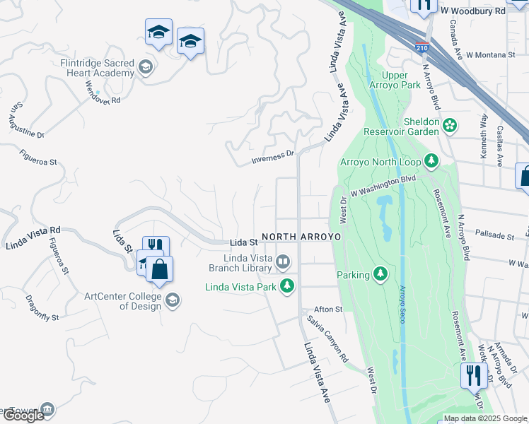 map of restaurants, bars, coffee shops, grocery stores, and more near 1340 Lomay Place in Pasadena