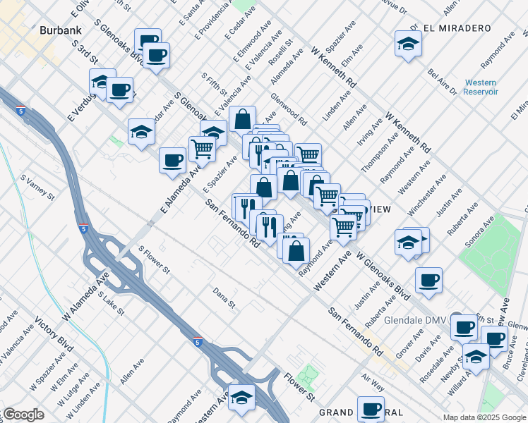 map of restaurants, bars, coffee shops, grocery stores, and more near 1049 Allen Avenue in Glendale
