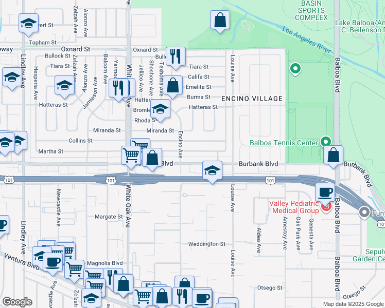 map of restaurants, bars, coffee shops, grocery stores, and more near 17430 Martha Street in Los Angeles